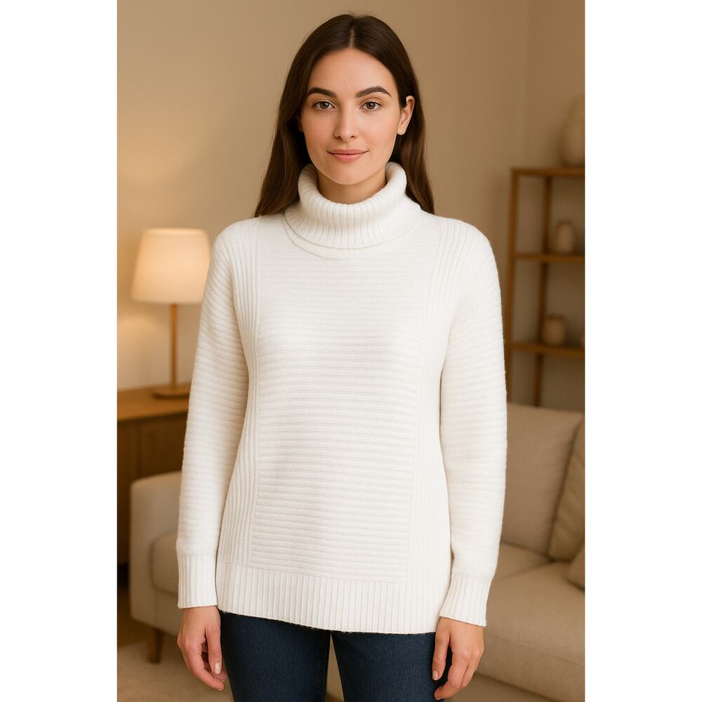 Vince Camuto White Sweater Women’s XS Cable Ribbed Mock Turtleneck Cotton Blend